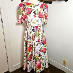 EXPO Vintage 80s Size 14 Floral Garden‎ Party Tea Length Dress Boho Cottage Core